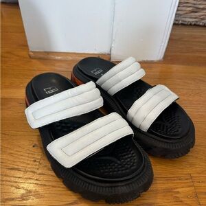 E8 by Miista Black Platform Slide Sandals with White Velcro Straps